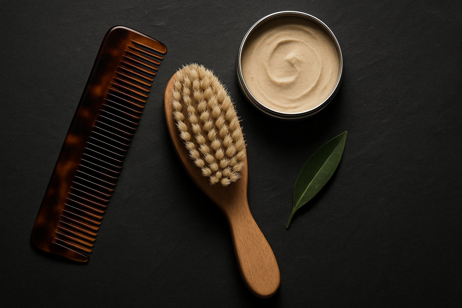 Selection of barbershop-quality men's hair styling tools and a natural product, illustrating options for buying the best men's hair products online from Seven Potions.