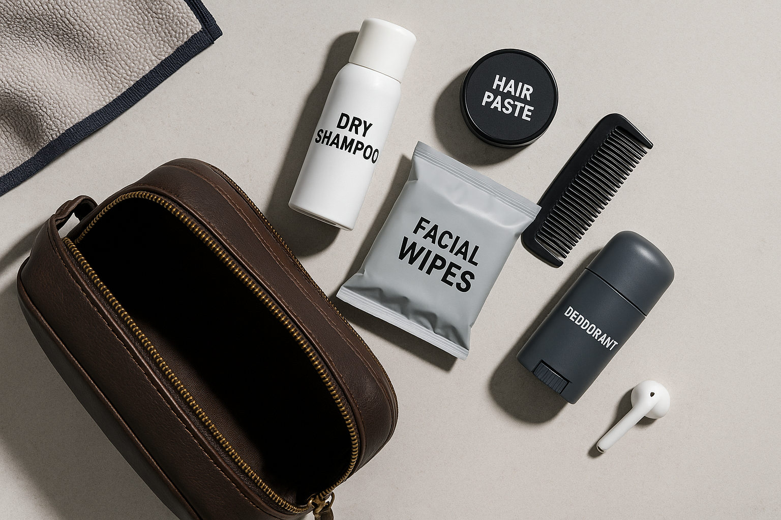 Essential men's grooming on the go kit with travel-size products for post-gym skincare and quick hair fixes, featuring Seven Potions quality.