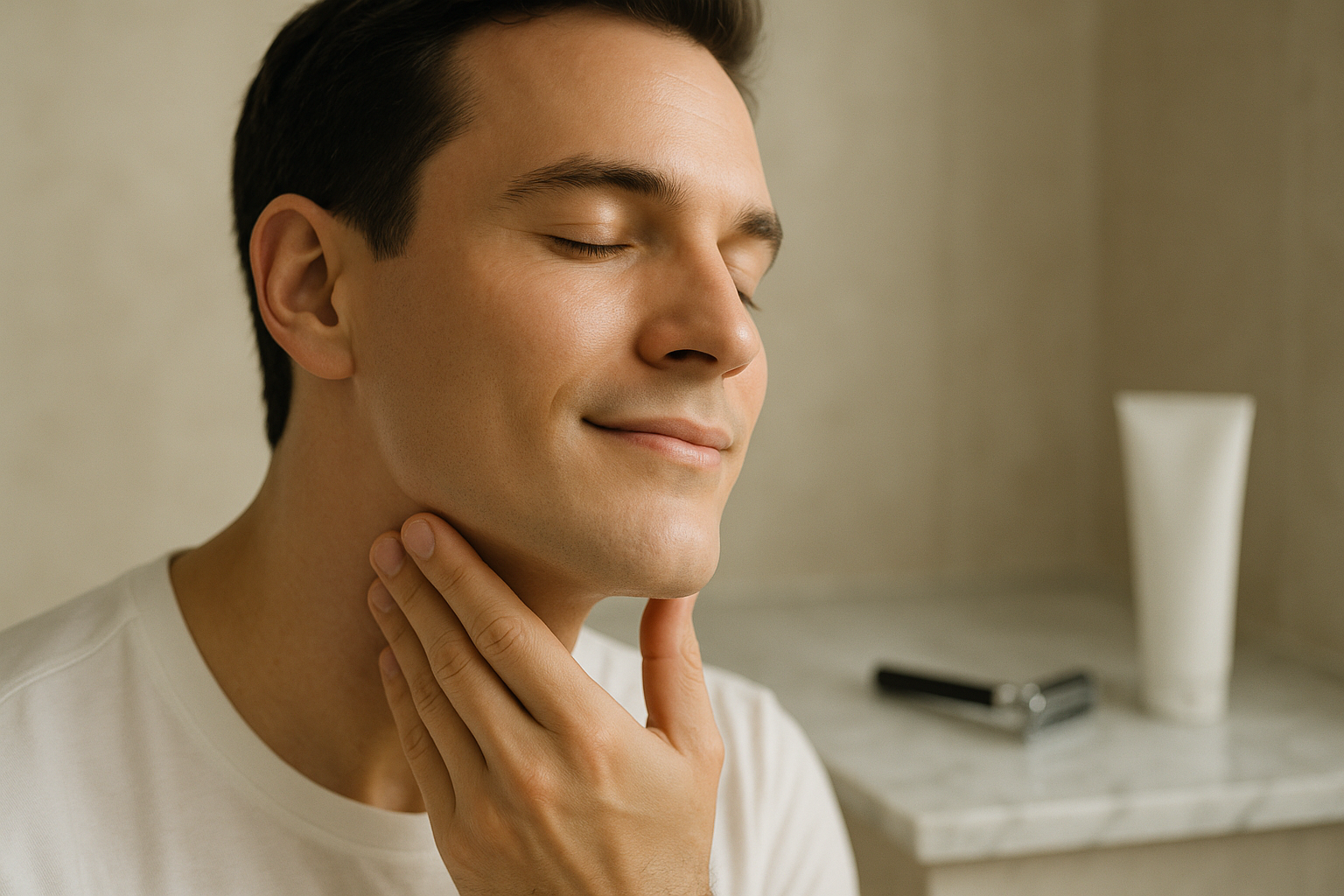 Man with smooth, irritation-free skin after a sensitive skin shave using Seven Potions' recommended tips and products.