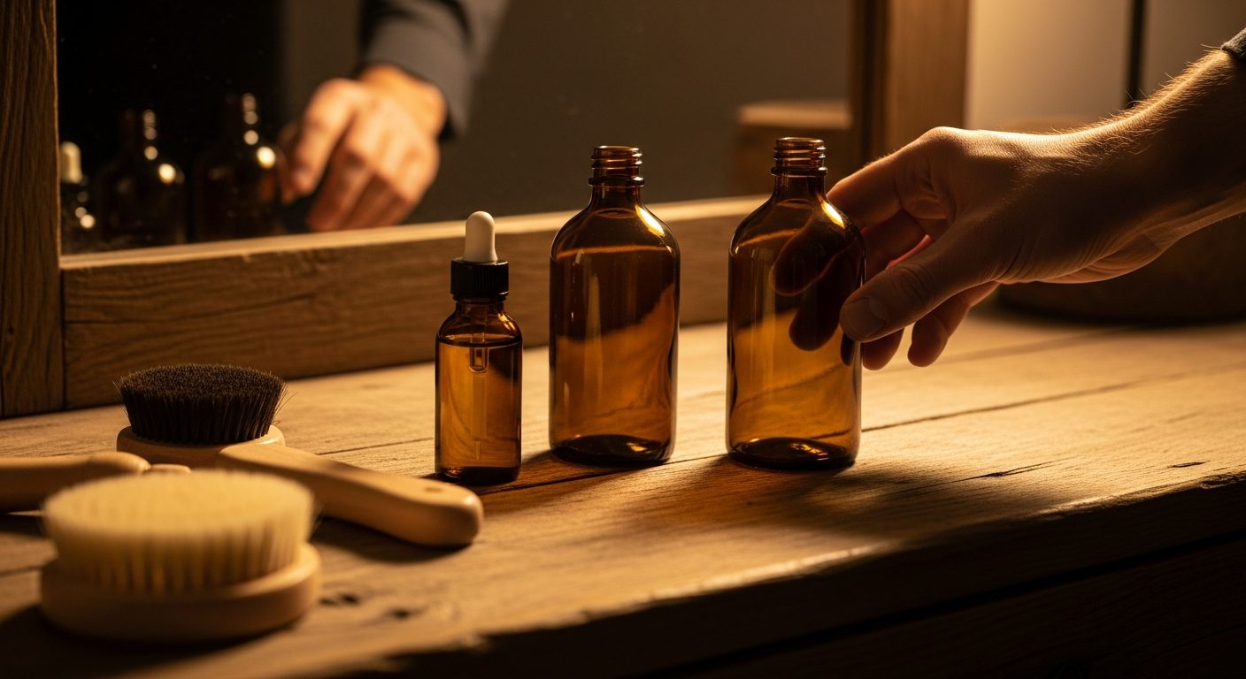 Man with different beard lengths showing stubble, short, medium and long beard stages with beard oil application