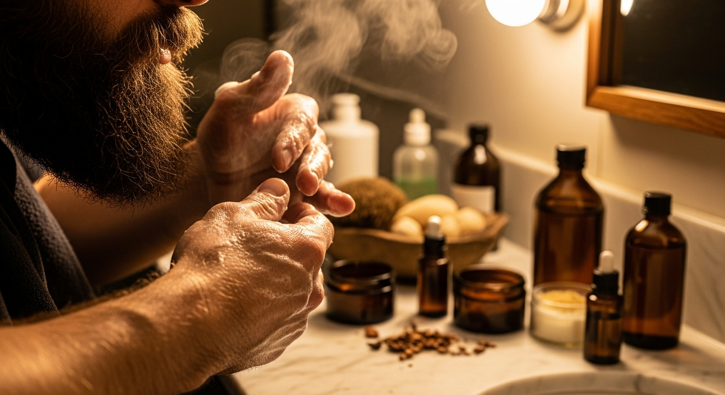 Man with full beard demonstrating proper beard skincare routine and grooming techniques