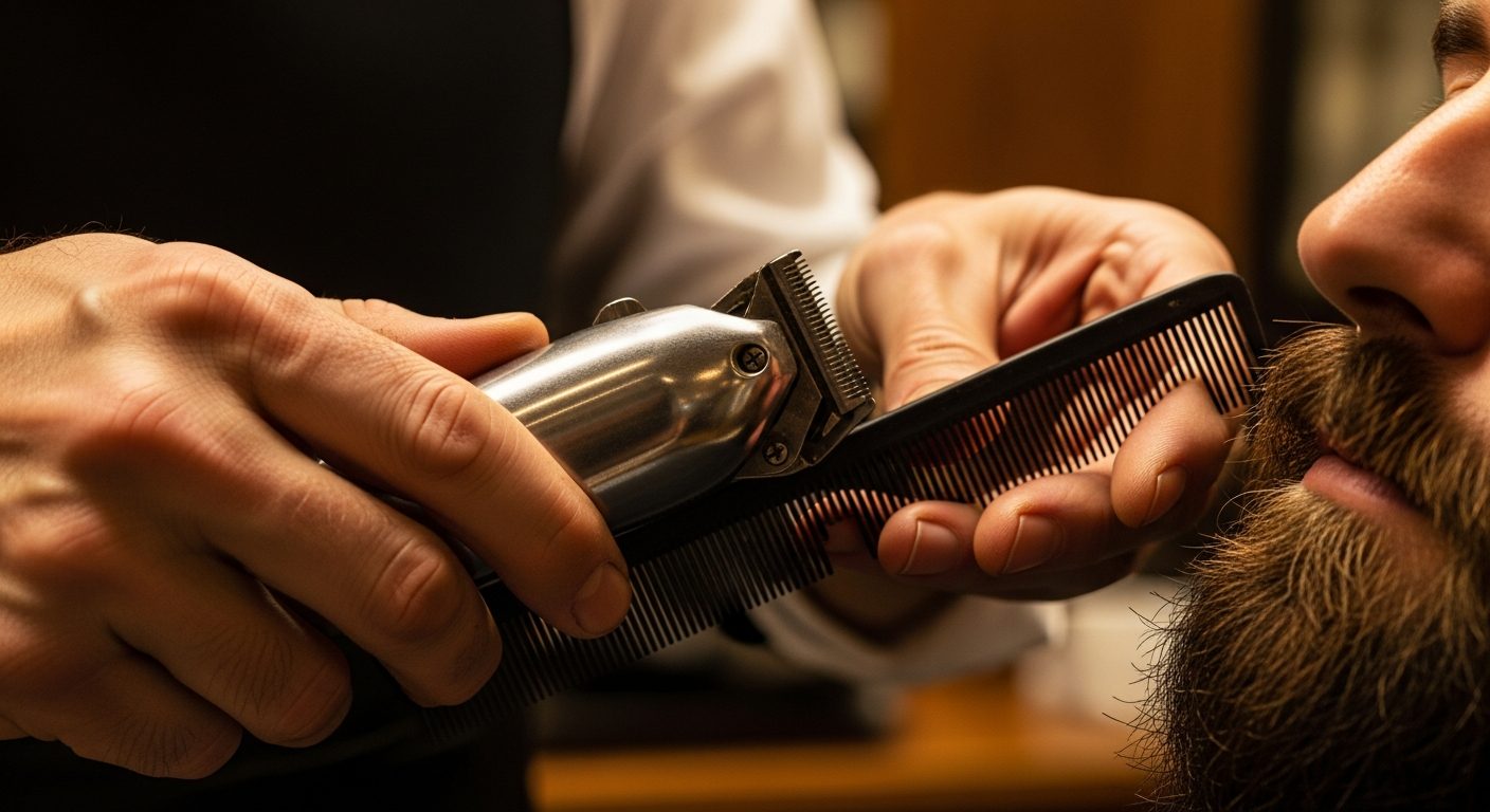 Man trimming beard with clippers, demonstrating proper beard grooming technique and common mistakes to avoid