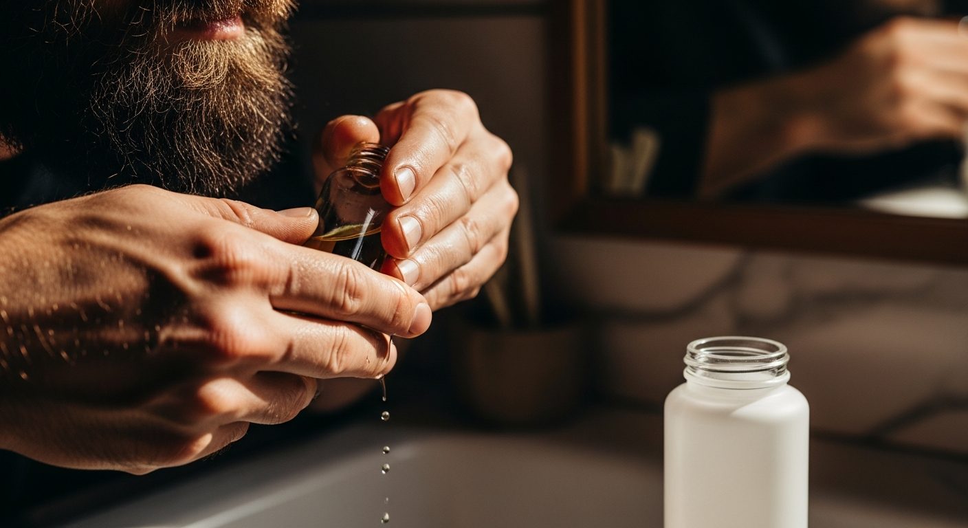 Man examining beard in mirror dealing with common beard problems like itching and dandruff