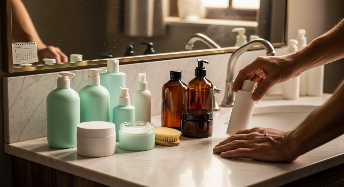 Well-groomed man with fresh haircut and trimmed beard looking in mirror at barber shop