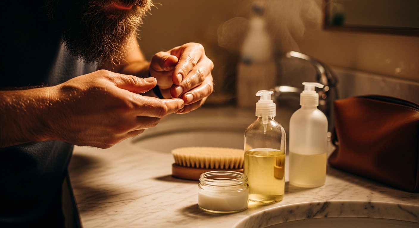 Man examining beard thickness in mirror, demonstrating beard growth and grooming techniques