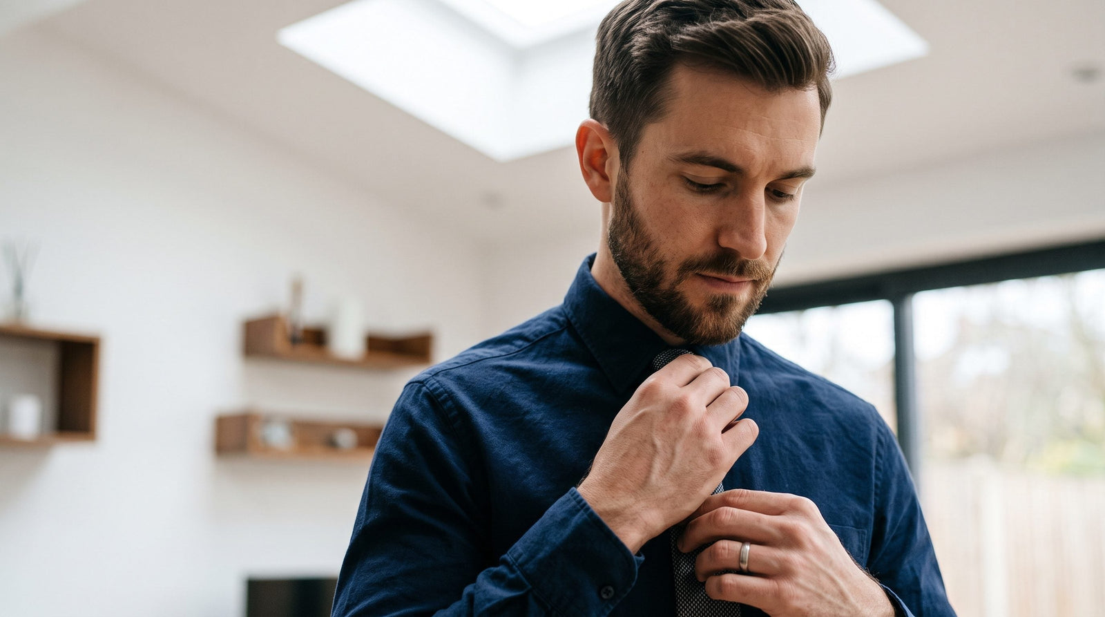 Man checking face in mirror after shaving, showing smooth skin without razor bumps or irritation