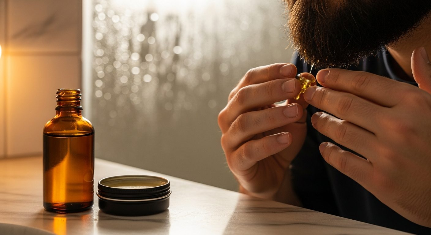 Man applying beard oil and balm in correct layering order for optimal beard grooming results