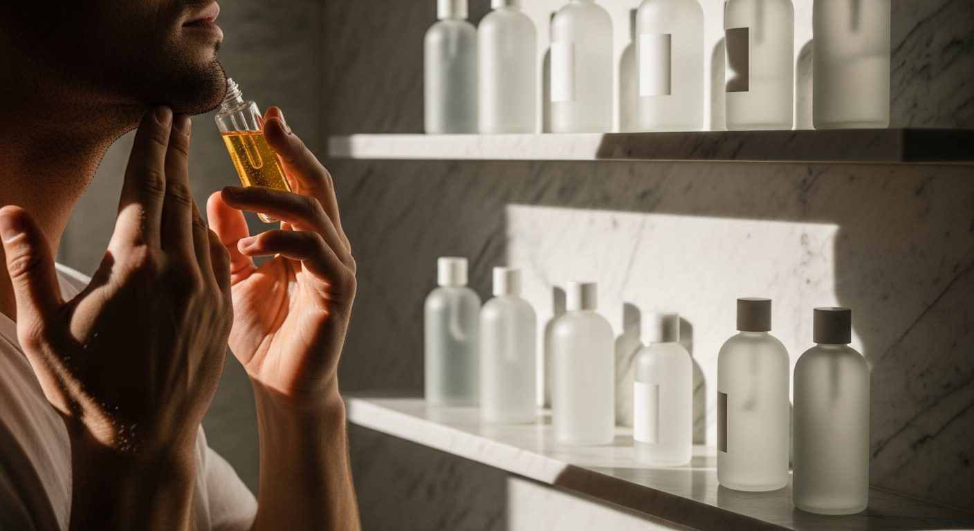 Collection of men's face serums in various bottles displayed on a clean white surface with skincare ingredients