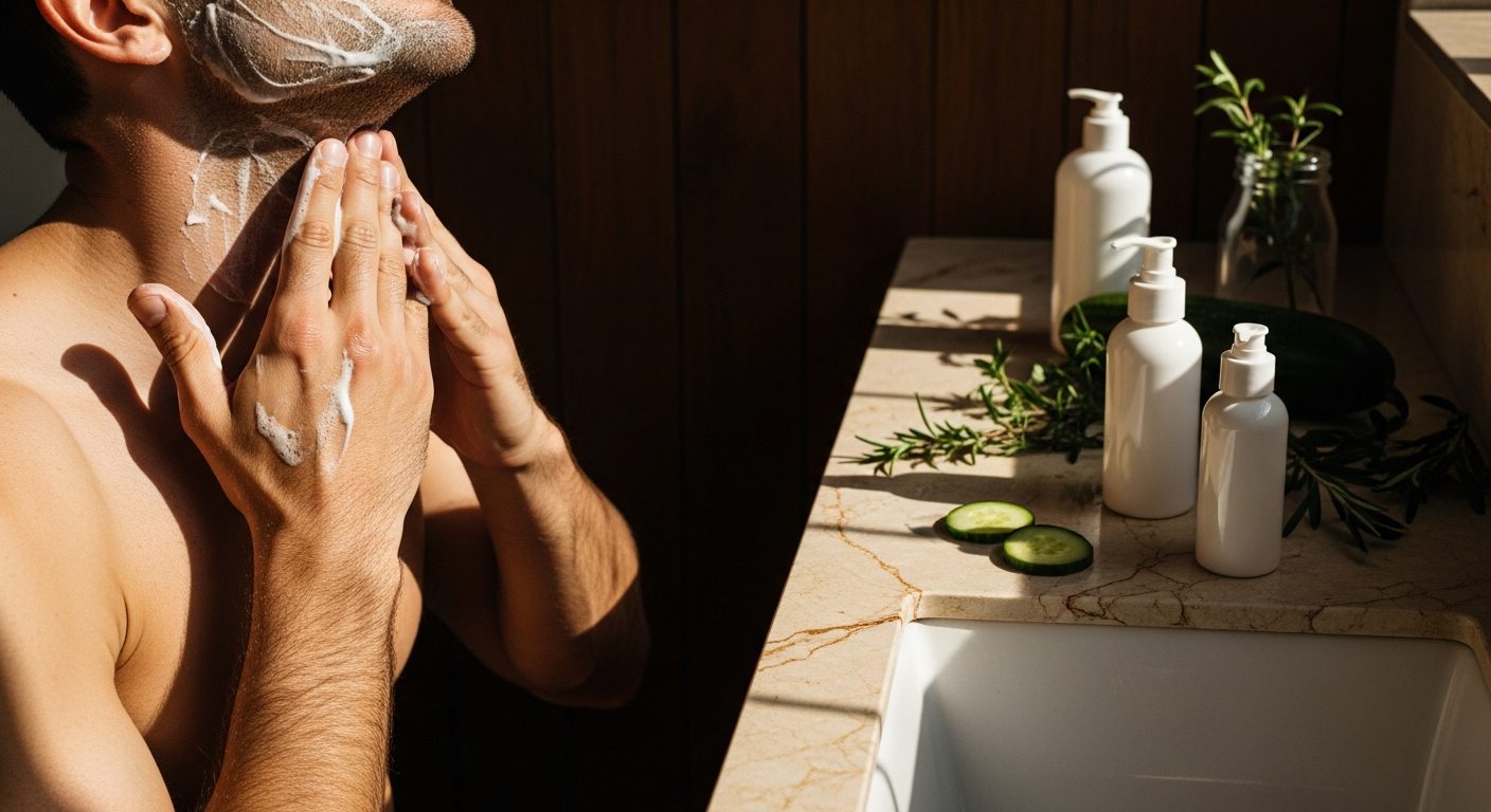 Man applying skincare product as part of his daily men's skincare routine customized for his specific skin type