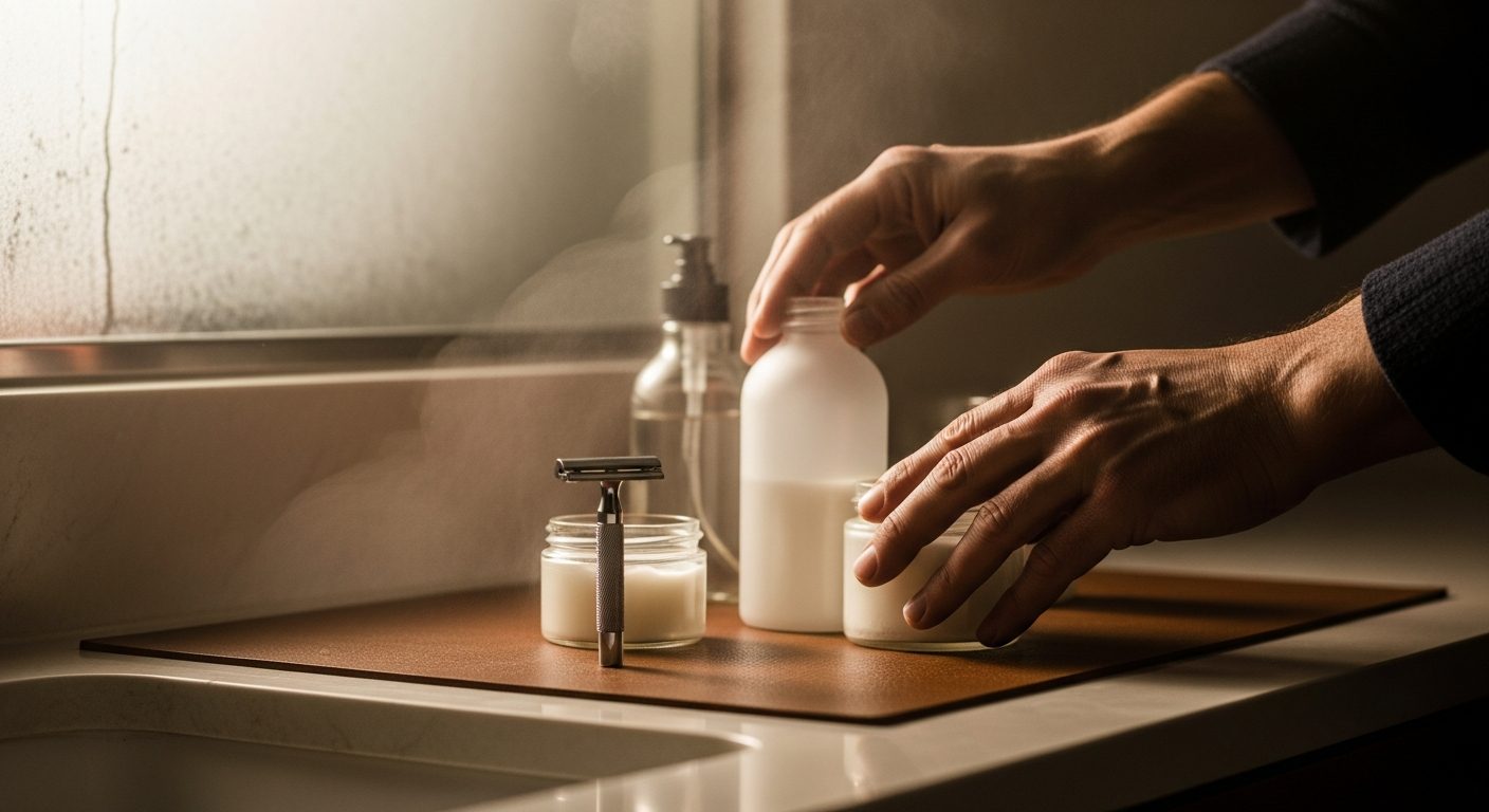 Man examining skin in mirror, representing the moment of noticing early signs of aging and beginning an anti-aging skincare routine