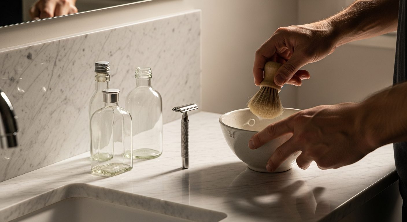 Organized bathroom shelf with minimal grooming essentials for men including soap, razor, and moisturizer