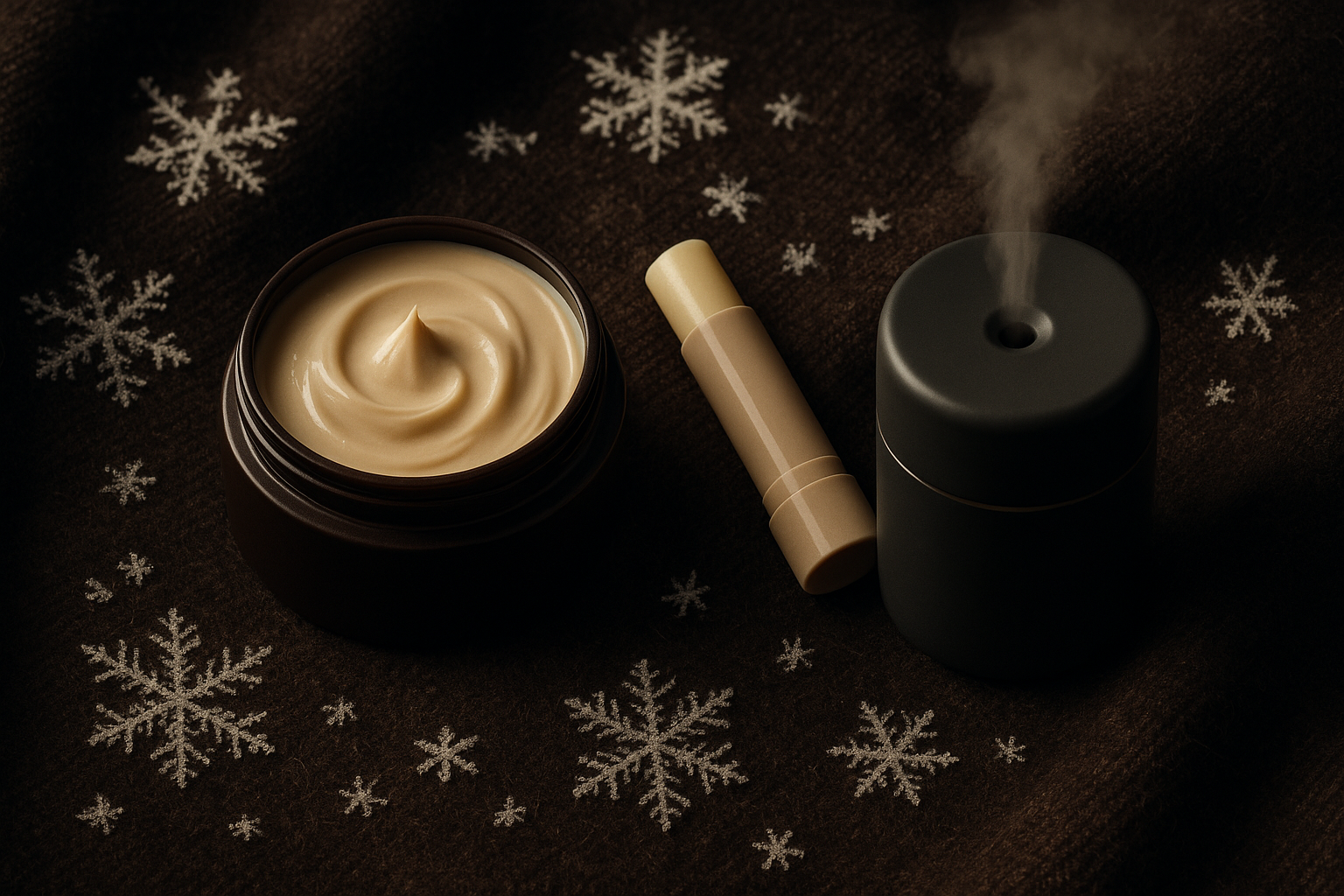 Men's winter skincare routine essentials including rich moisturizer and humidifier, highlighting Seven Potions' approach to dry skin solutions.