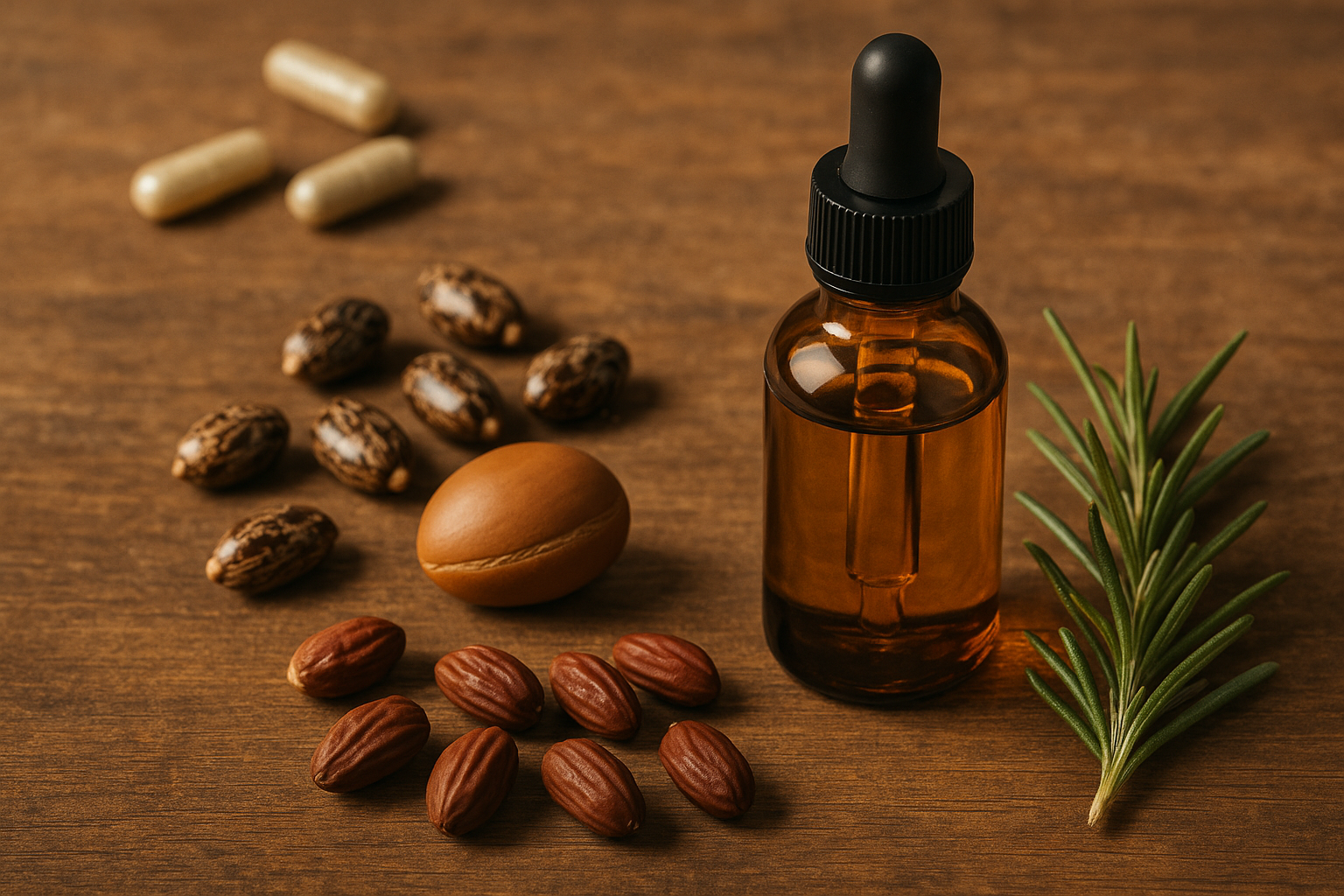 Natural oils like castor, jojoba, argan, and supplements for beard growth, illustrating Seven Potions' approach to beard care.