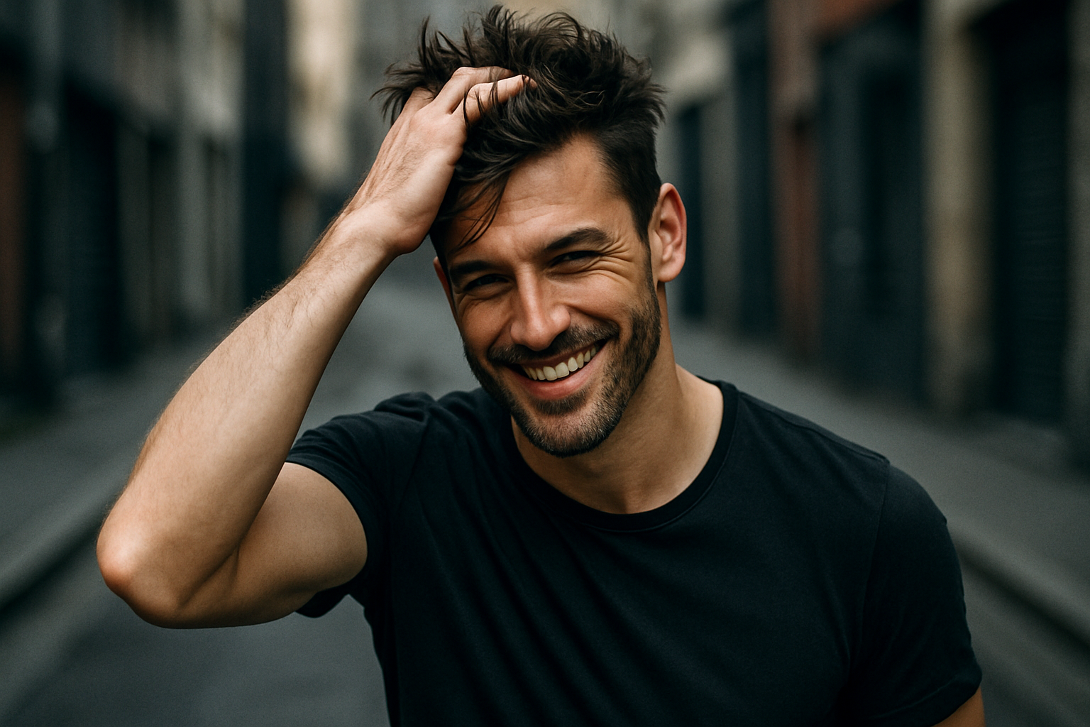  Man confidently showcasing an effortlessly cool messy hairstyle achieved with Seven Potions' quick textured hair tutorial.