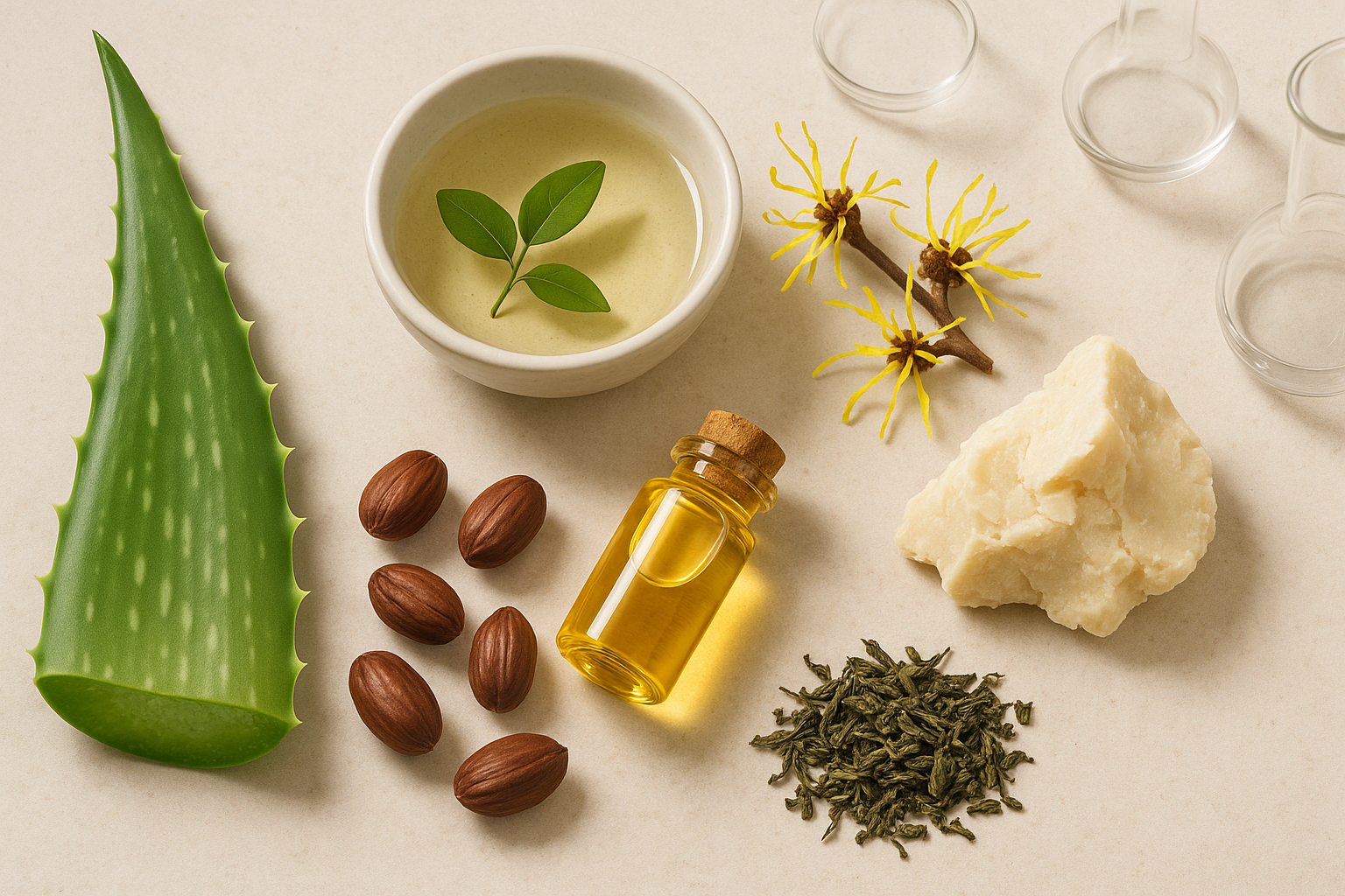 Top 7 natural skincare ingredients for men: Aloe Vera, Witch Hazel, Jojoba Oil, Shea Butter, Green Tea showcased with Seven Potions' plant-powered focus