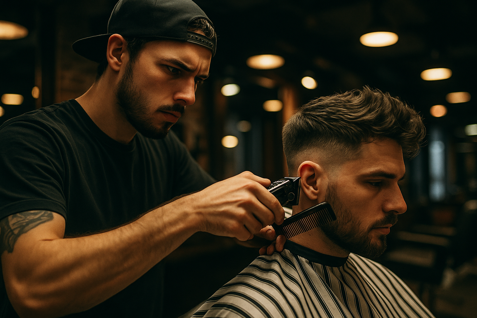 Modern barber crafting a trendy men's haircut, showcasing barbershop trends 2025 with Seven Potions grooming insights.