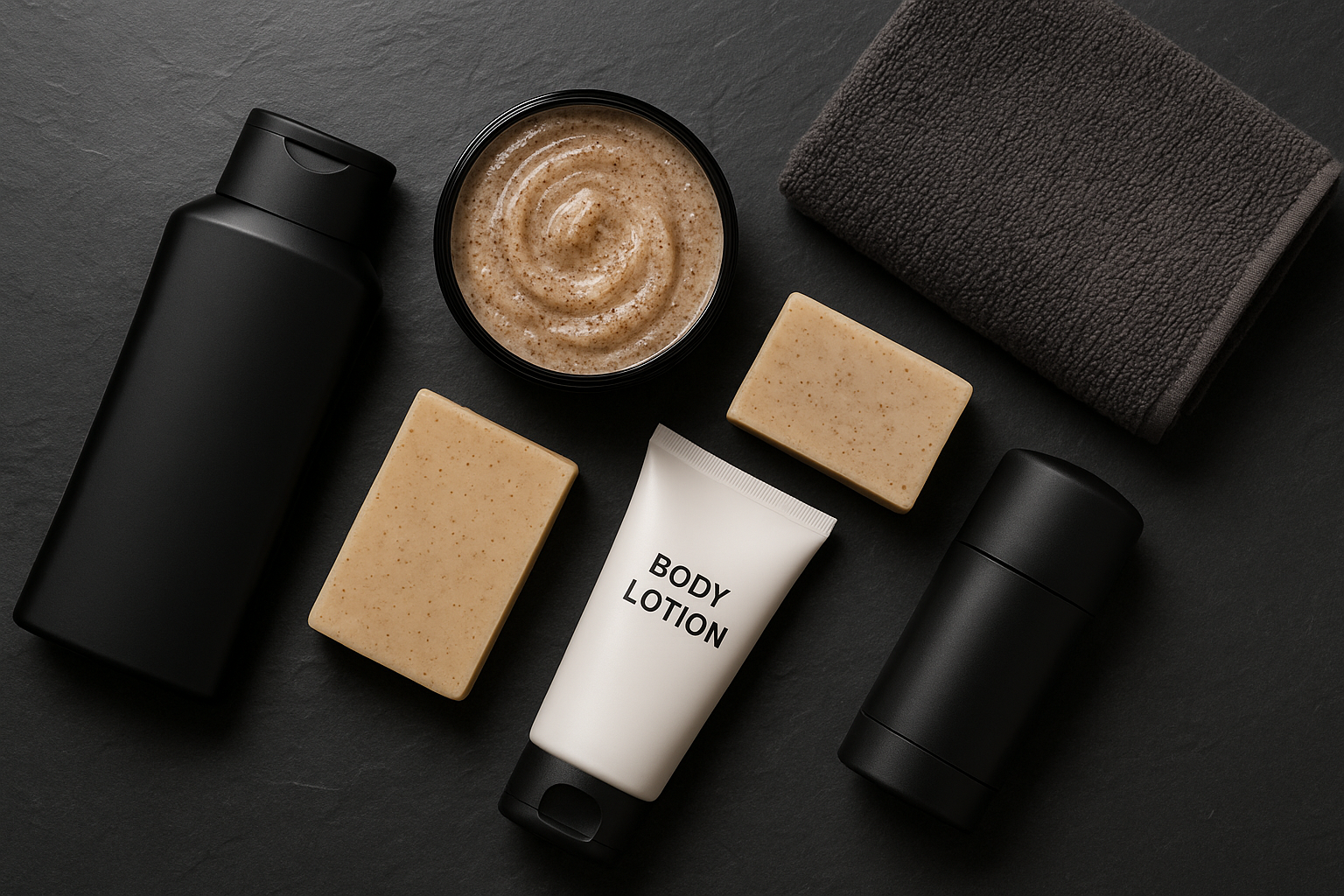 Men's body care essentials including body wash, scrub, and lotion for a complete head-to-toe grooming routine inspired by Seven Potions