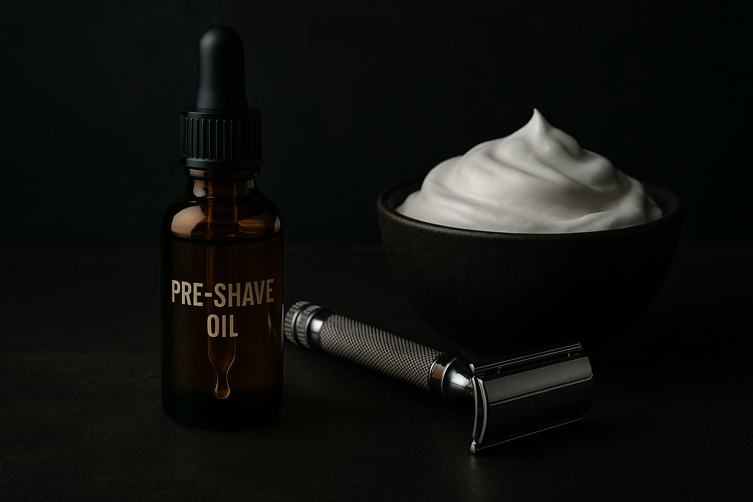 The power of pre-shave oil: a luxurious bottle of Seven Potions style pre-shave oil with a safety razor and shaving cream for the ultimate smooth shave.