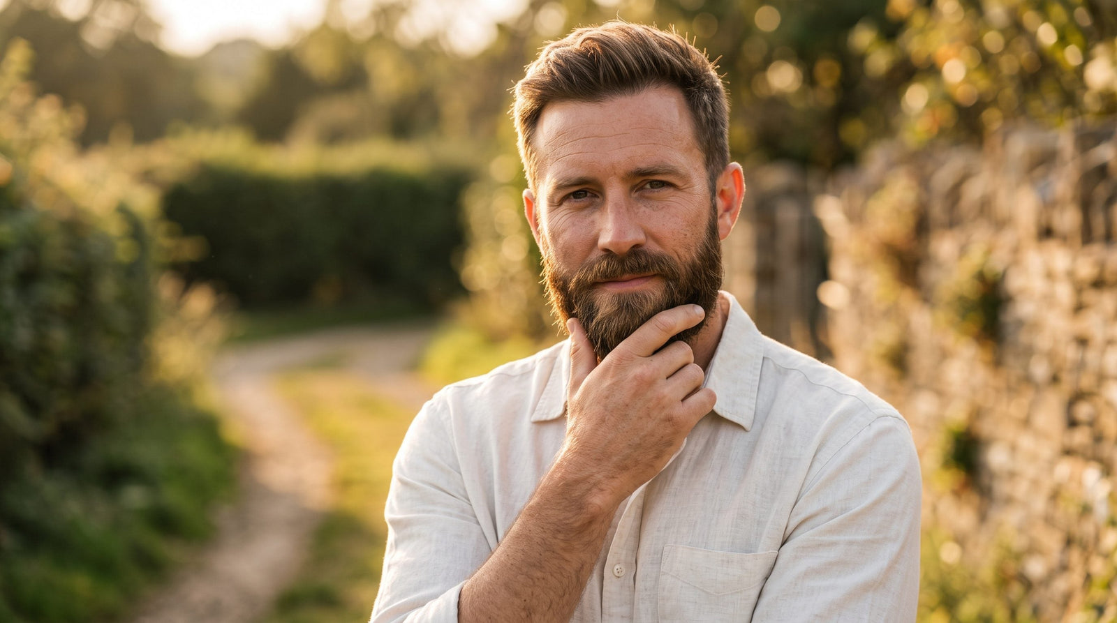 Man applying beard oil to full, healthy beard for growth and maintenance