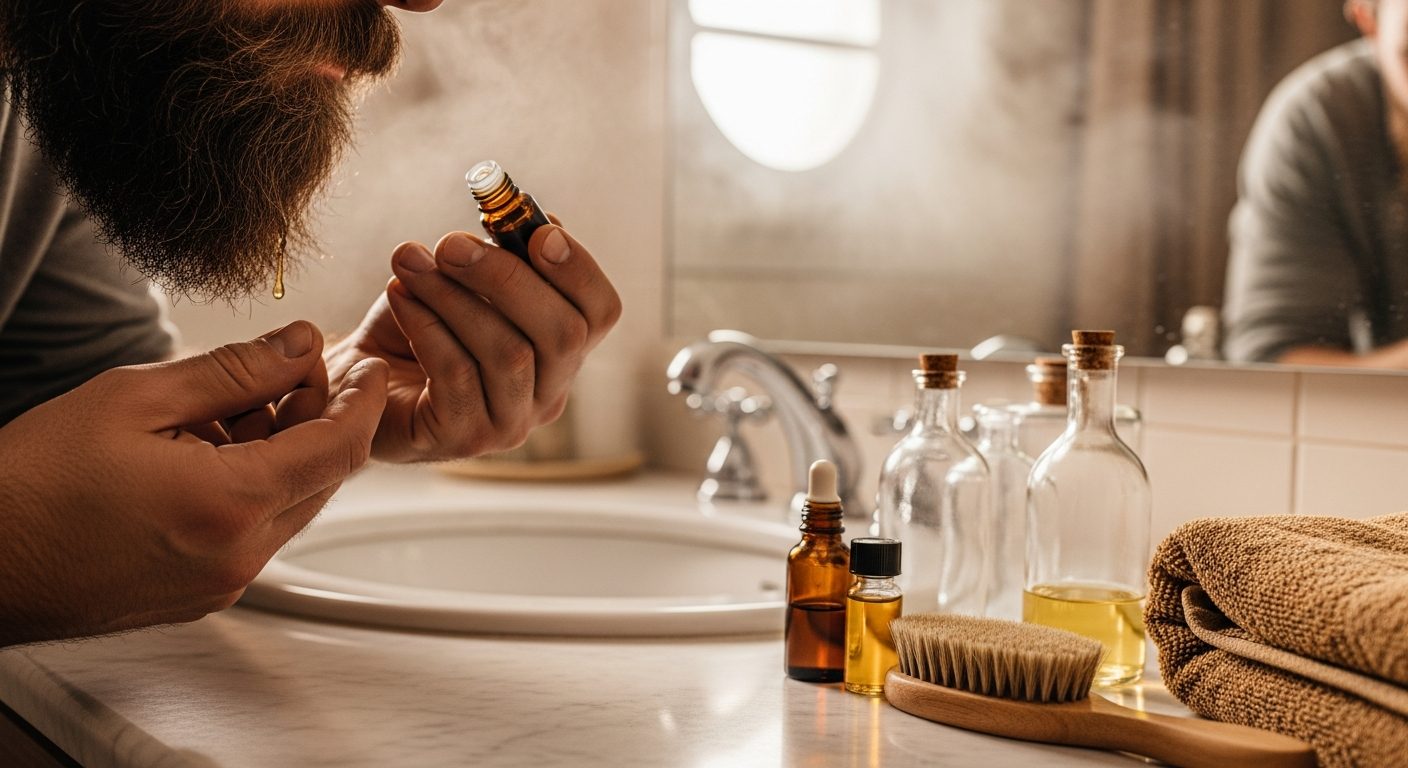 Man with full, healthy beard demonstrating proper beard skincare routine with grooming products