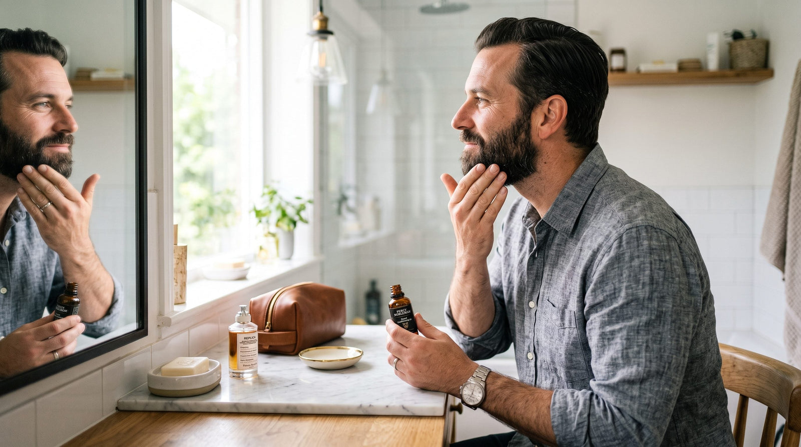 Man checking hairline in mirror, understanding male pattern baldness and hair loss prevention
