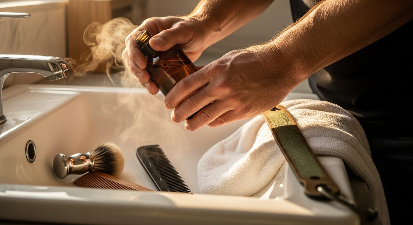 Man applying beard oil to dry, unkempt beard showing signs of improper grooming technique