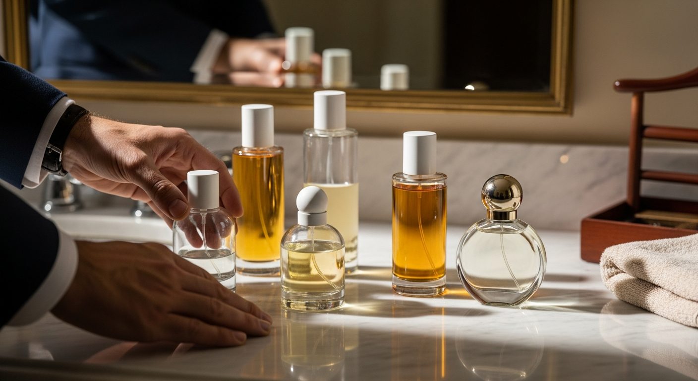 Man applying layered cologne fragrance to wrist for long-lasting signature scent