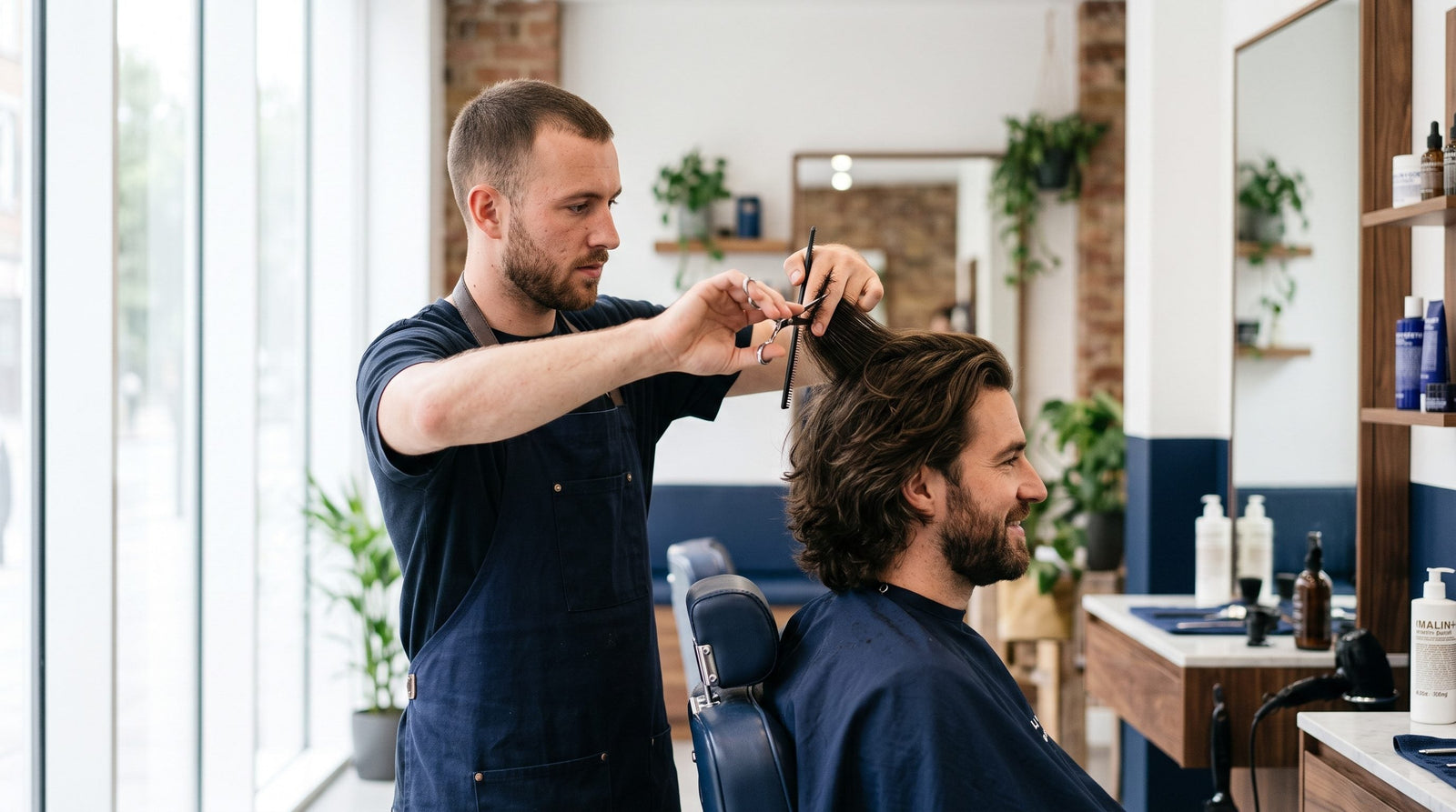Man with thick long hair styled properly, demonstrating grooming techniques for managing volume and length