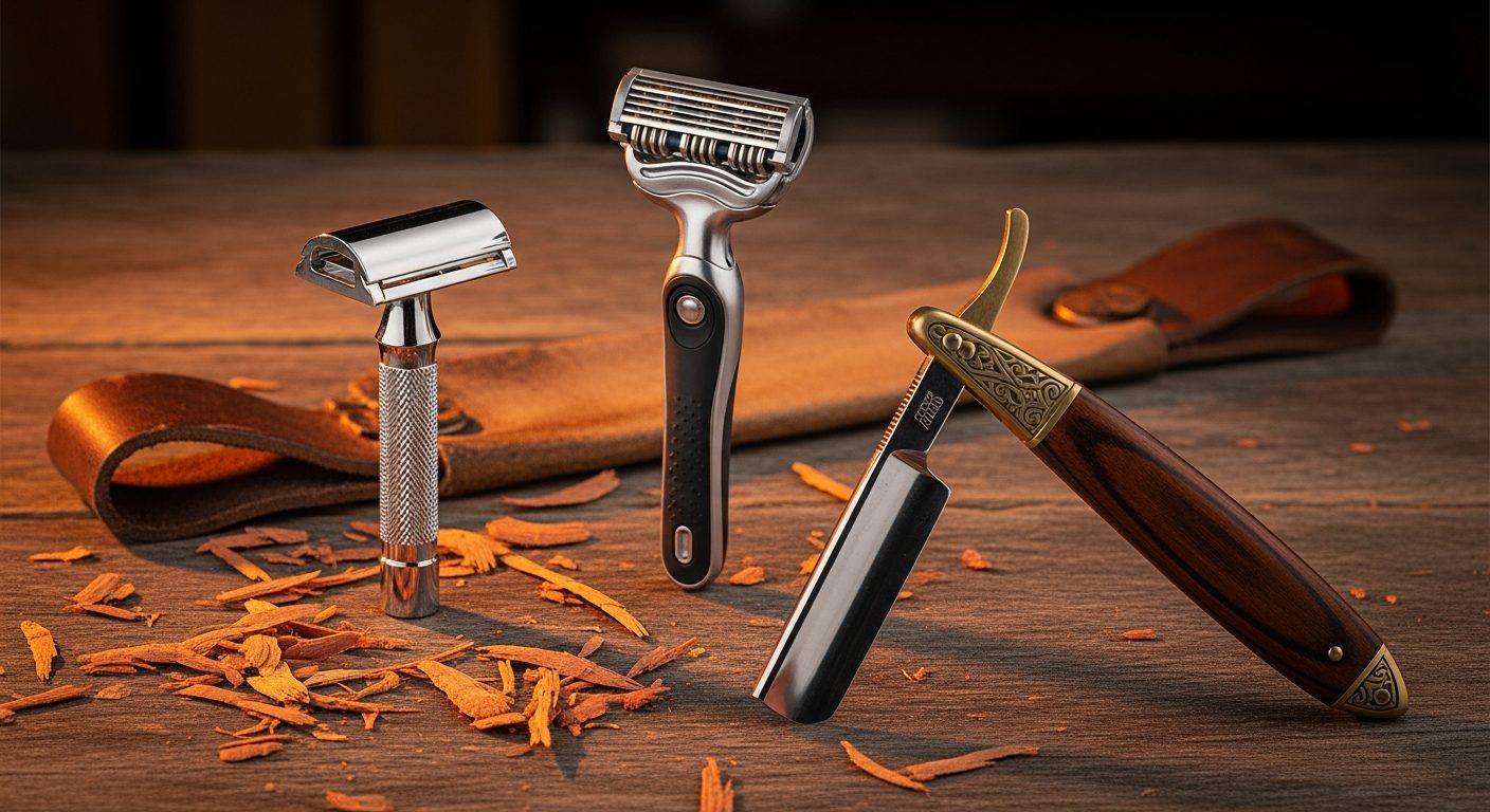 Three different razor types displayed side by side: a safety razor, cartridge razor with multiple blades, and a straight razor