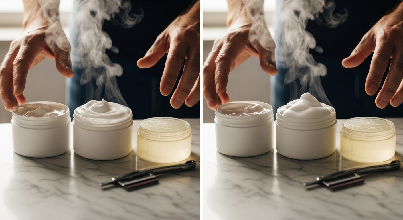 Comparison of shaving products including soap, cream, and foam with brush on marble surface